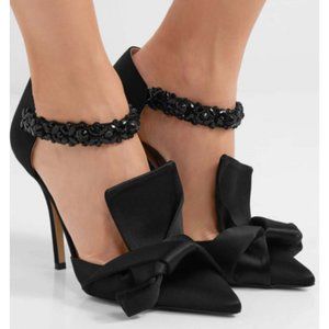 N°21 Black Satin Embellished Knotted Pumps Tonal Beads Ankle Strap Point Heels